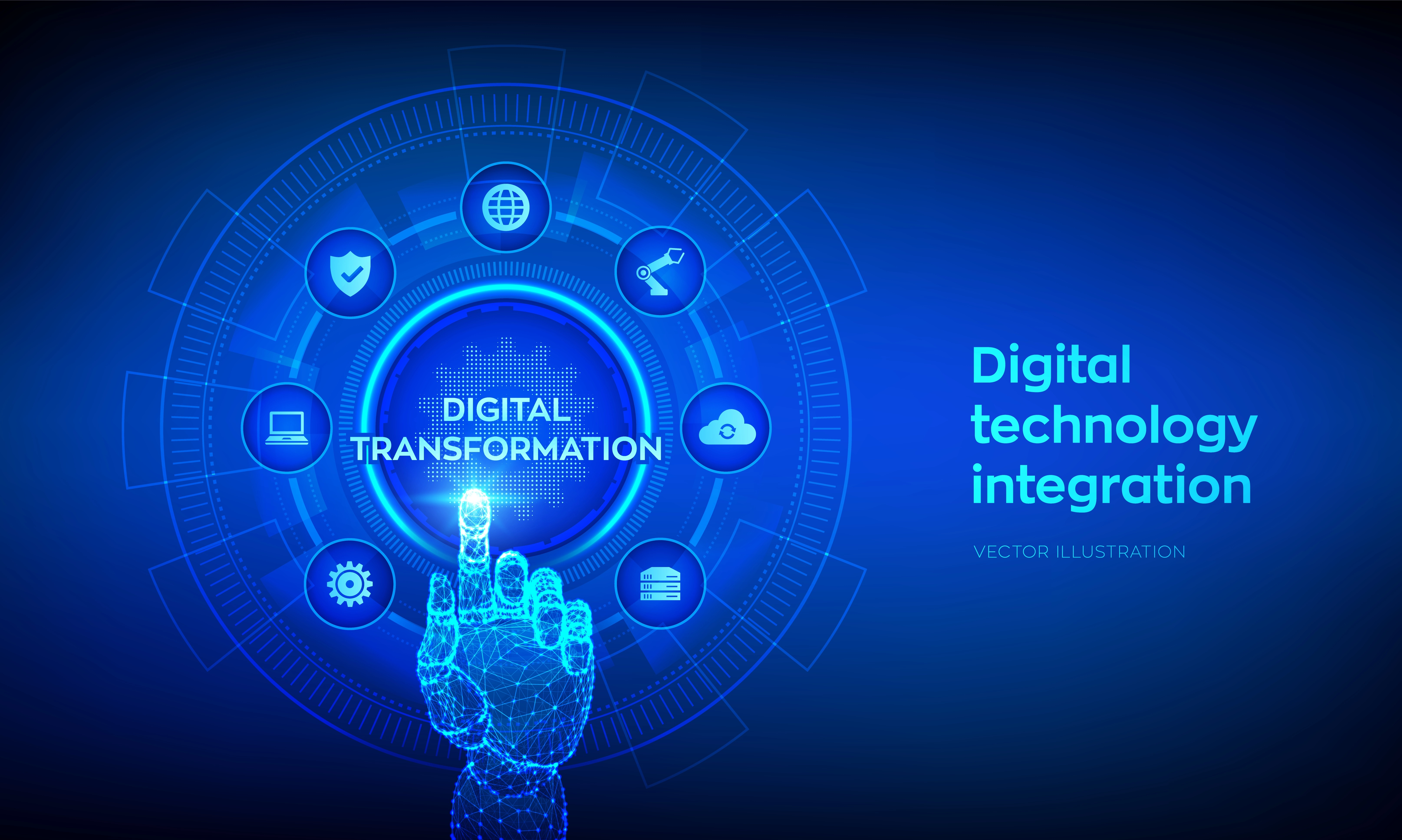 Concept of digital transformation with a virtual screen and a robotic hand touching a digital interface